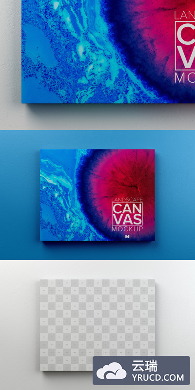 油画布画框样机 Landscape Canvas Frame Mockup Hanging on Wall in Front View 02