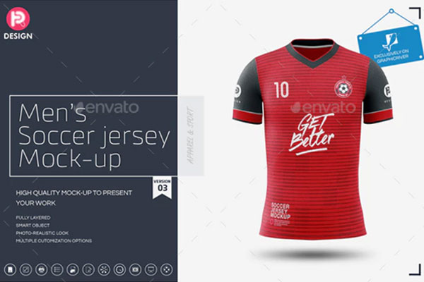 男子足球体育运动T恤服装设计样机模板