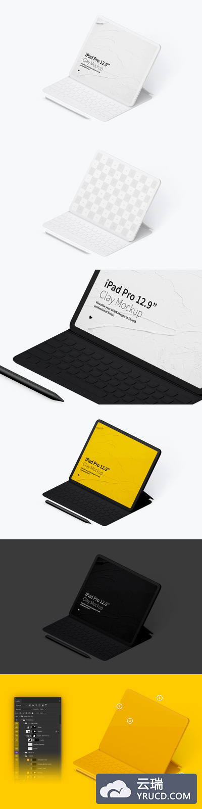 ipad样机素材 Clay iPad Pro 12.9” Mockup, Isometric Right View With Keyboard