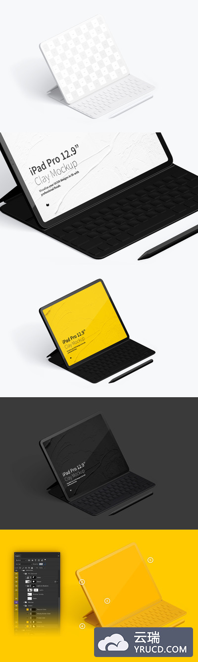 平板样机素材 Clay iPad Pro 12.9” Mockup, Isometric Left View With Keyboard