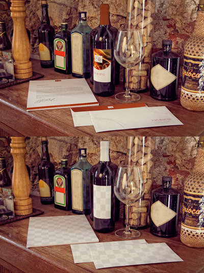 酒瓶设计样机素材 Letterhead, Wine Bottle, Envelope Mockup