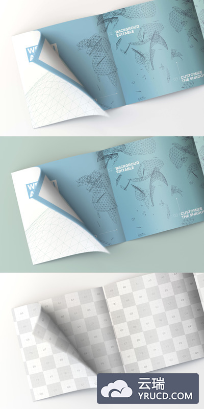 画册设计样机 Inside Square 4-Fold Brochure Rolled Page Mockup 02