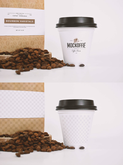 咖啡品牌设计样机 Coffee Bag and Sealed Cup Mockup Close up View