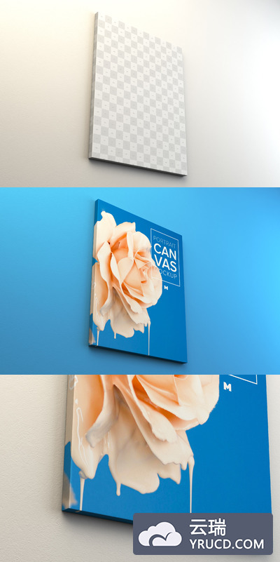 挂画画框样机 Portrait Canvas Frame Mockup Hanging on Wall in Perspective