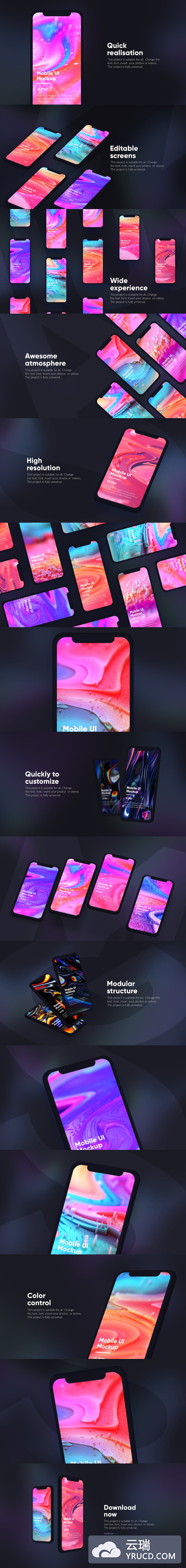 深色场景的 APP设计展示 iPhone X 手机样机素材下载[PSD]