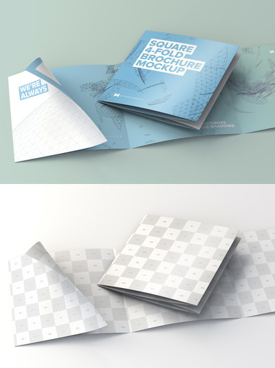 折叠和展开方形四折页小册子 Folded and Unfolded Square 4-Fold-Brochure Mockup