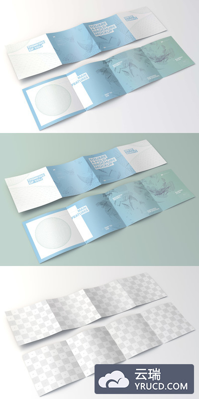 折页式方形画册设计样机 Spread Square 4-Fold Brochure Outside and Inside Mockup 01