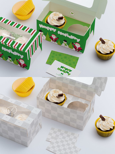 两个纸杯蛋糕盒样机 Two Cupcake Box Mockup 03