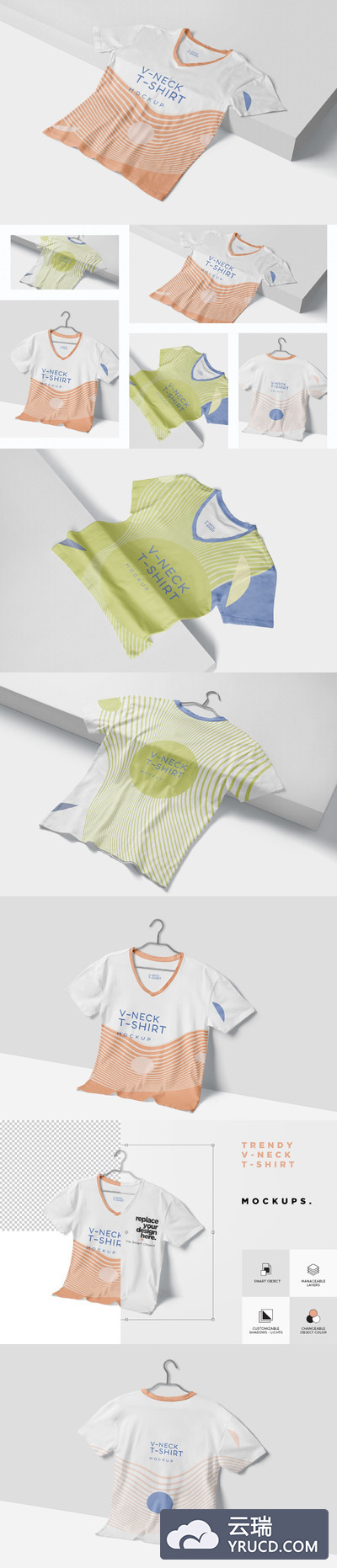 Mockups | 5个逼真高分辨率智能对象PSD时尚V领T恤样机