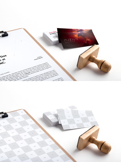 商业名片设计样机 A4 Clipboard and Business Cards Mockup 02