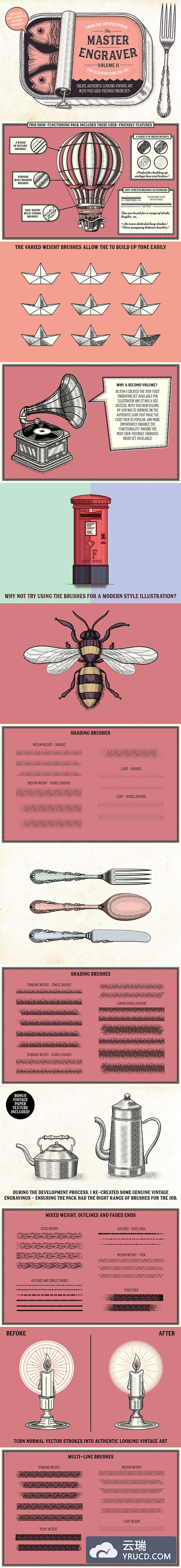 时尚高端简约多用途的高品质复古雕刻风格illustrator笔刷集合