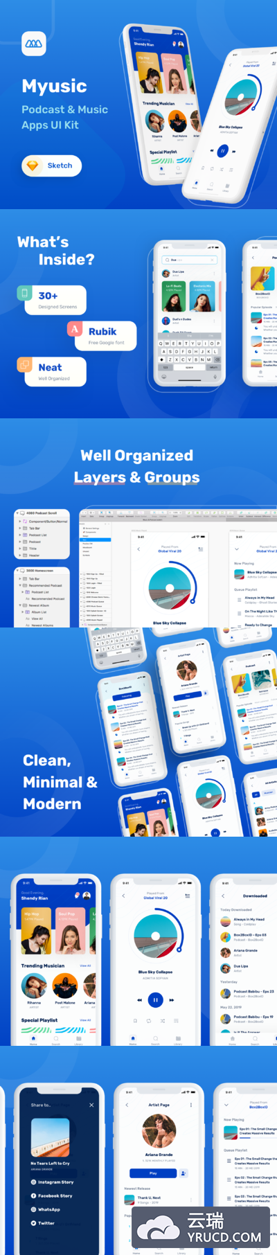 音乐和播客 APP UI kit 套装下载[Sketch]