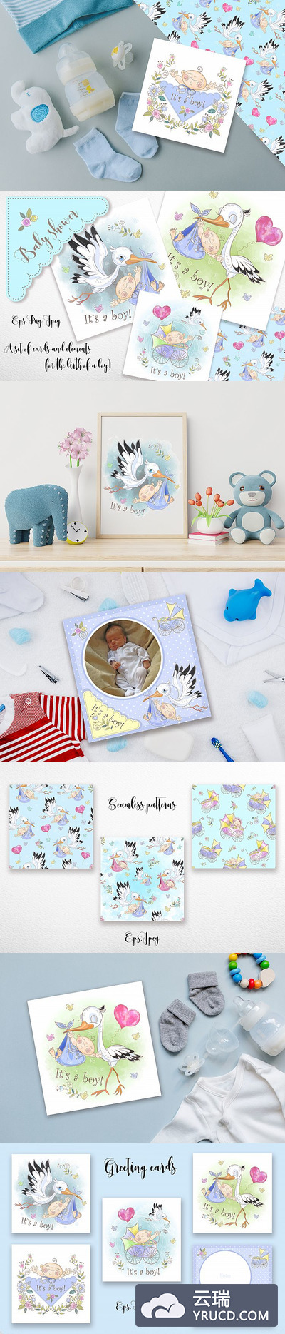 婴儿出生蓝色主题水彩插画素材合集