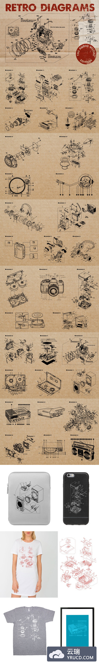 32个独立复古少见旧磁带唱片机电视机照相机镜头投影仪耳机便携式摄像机扬声器和便携式立体声磁带播放器矢量插画集合
