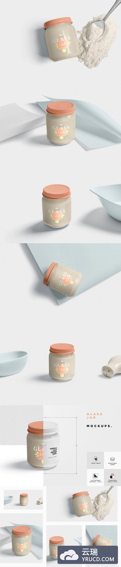 Mockups | 5个PSD逼真高分辨率透明玻璃罐模型样机