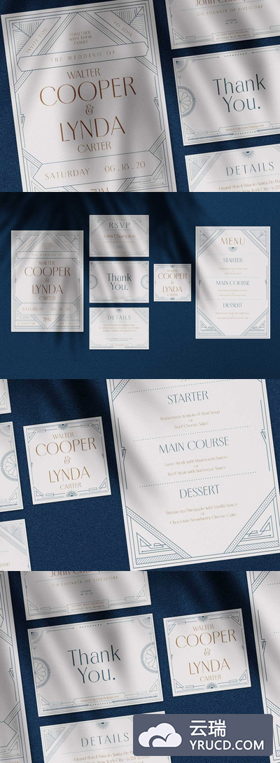 时尚简约高端欧式复古art-deco艺术房地产建筑风格婚礼邀请函海报设计模板