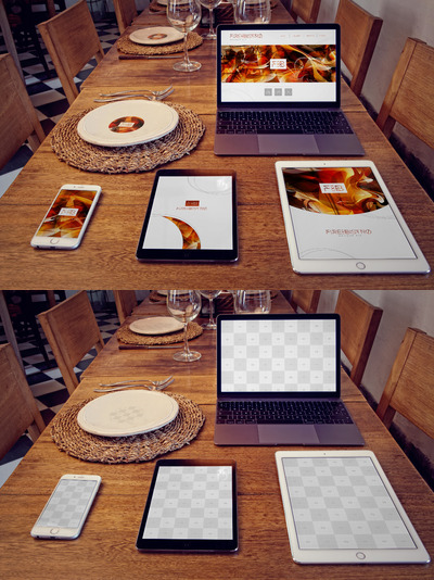 ipad手机样机 iPhone 6, iPad Mini 3, iPad Air 2, Macbook, Dish Mockup