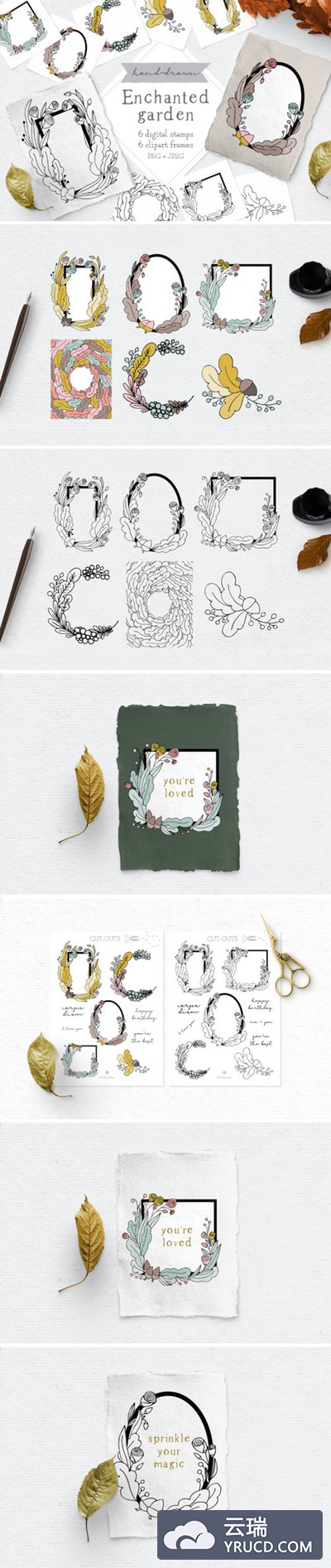 秋季花卉剪贴画框&印花素材