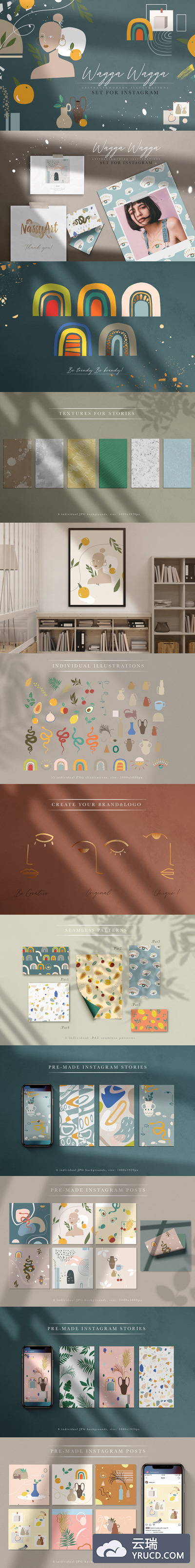 适用于Instagram的现代创意抽象形状插画&图案套装