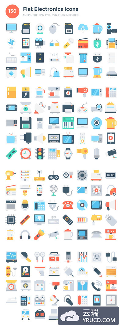 电子设备矢量图标 150 Flat Electronics Icons