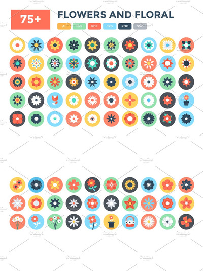 花卉矢量图标 75+ Flat Flowers and Floral Icons