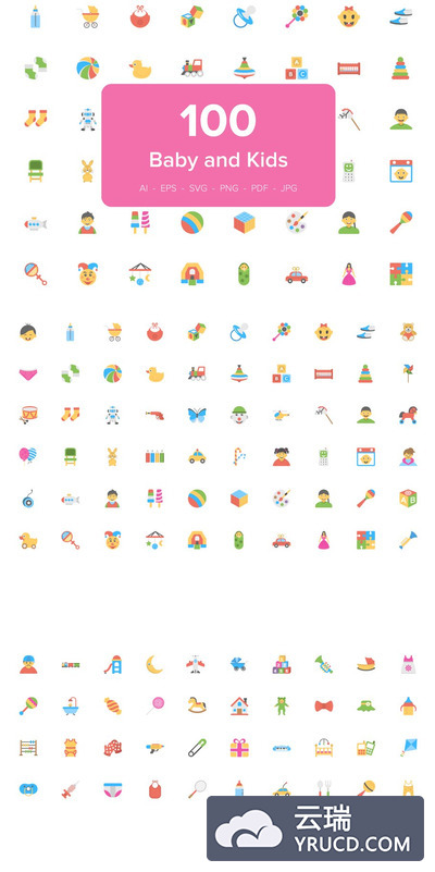 婴儿矢量图标 100 Flat Icons Set of Baby and Kids