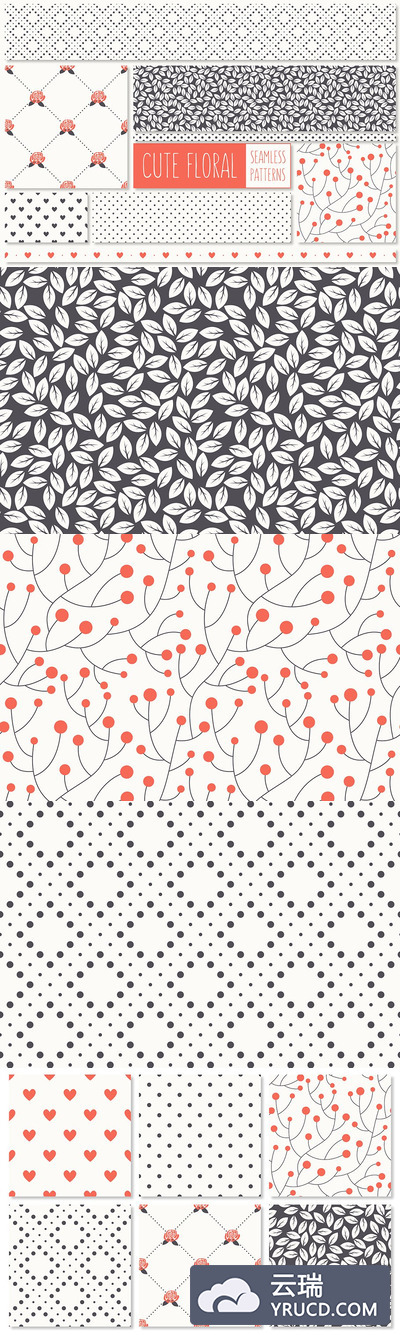可爱的无缝花卉背景 Cute Floral Seamless Patterns