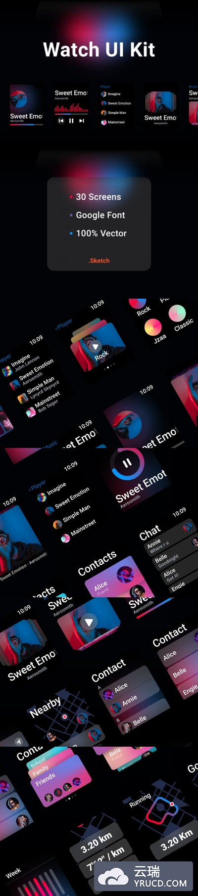 完美的播放器和数据展示 Apple Watch UI KIT套装下载[Sketch]
