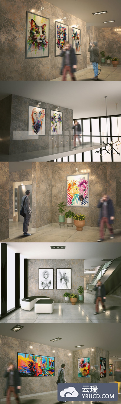 逼真的3D展厅绘画展示样机素材下载[PSD]