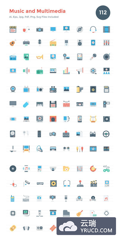 音乐和多媒体图标 112 Flat Music and Multimedia Icons