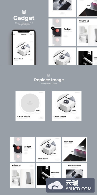 Instagram | 6个黑白灰高级配色帖子元素可编辑模板