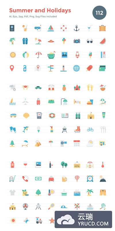 夏天节假日图标 112 Flat Summer and Holidays Icons