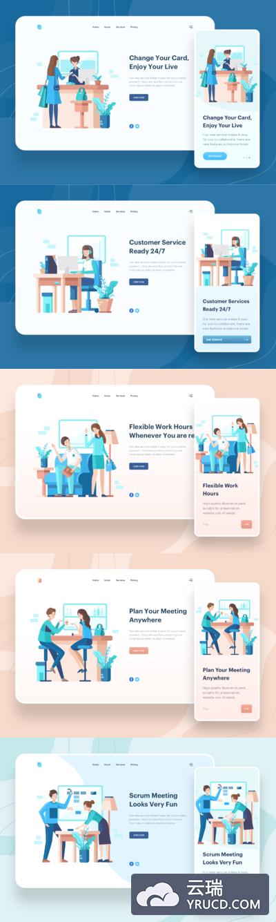 简约时尚高端多用途的插画banner海报着陆页设计模板集合