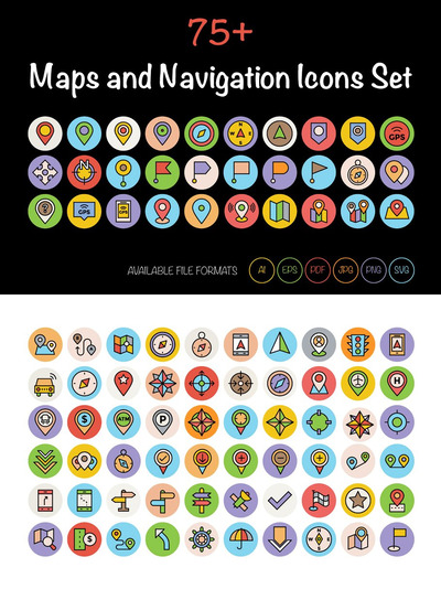 75+地图和导航图标 75+ Maps and Navigation Icons Set