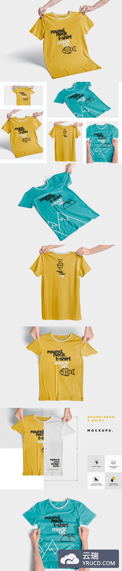 Mockups | 5个多角度多视觉高分辨率休闲时尚黄色系PSD圆领T恤样机