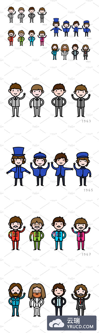 披头士乐队图标插画 The Beatles through the years