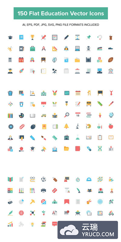 教育矢量图标素材 150 Flat Education Vector Icons