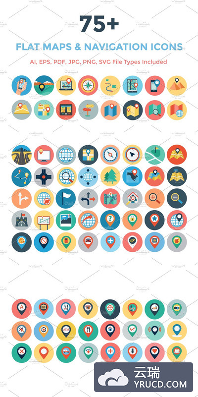地图导航网站图标素材 75+ Flat Maps and Navigation Icons