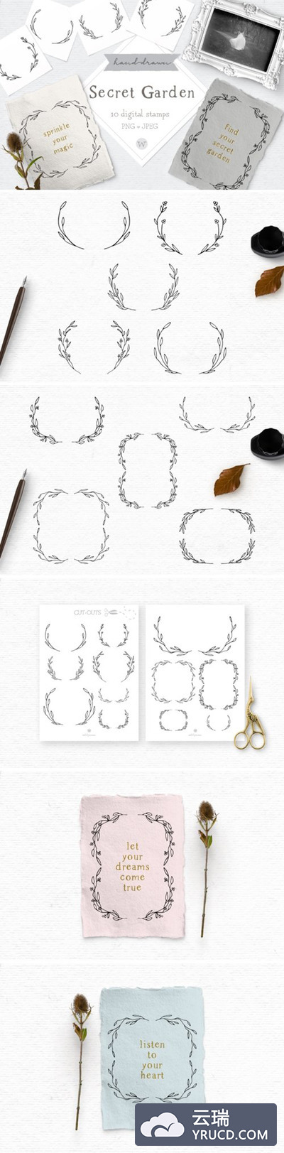 浪漫的手绘涂鸦剪贴画框架婚礼素材