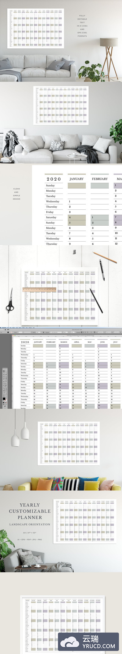免费：个性的 2020 年可定制日历年历模板下载 [Ai]