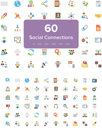 社交网络平面图标 60 Social Connections Flat Icons