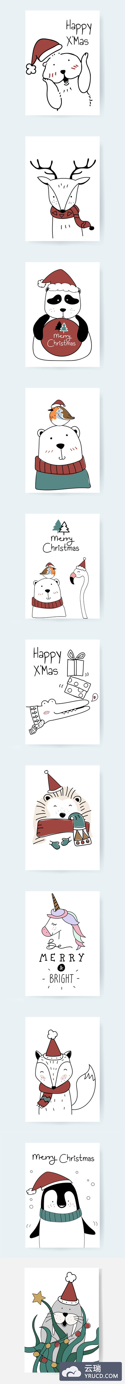 插画 | AI矢量卡通手绘冬季圣诞节线稿可爱卖萌森林动物素材