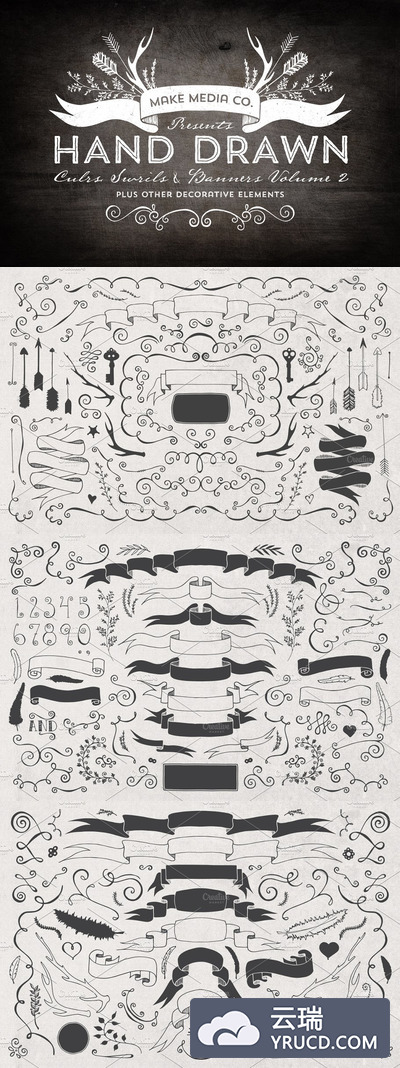 手绘鹿角插画 Hand Drawn Curls & Banners Vol. 2