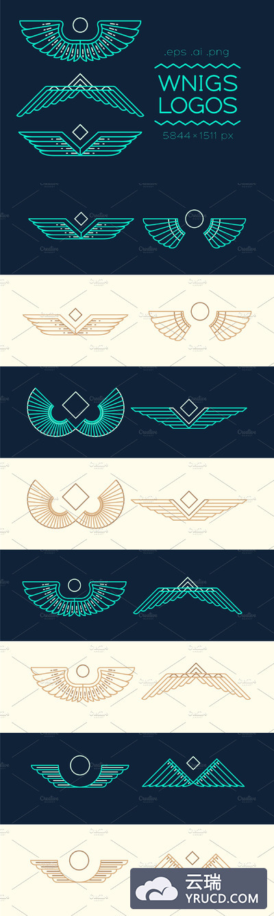 一套线性风格的翅膀标志 Set of linear style wings logos