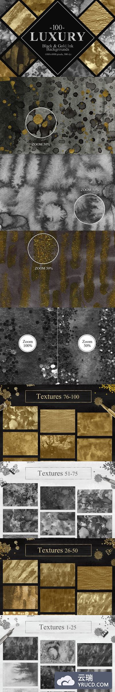 100个豪华黑色和金色墨水纹理背景素材