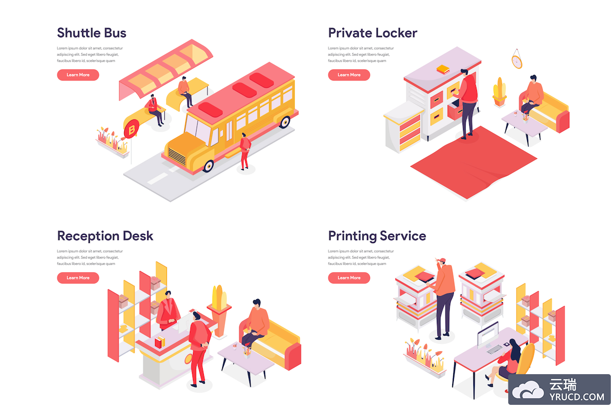 2.5D休闲办公娱乐购物场景插画套装