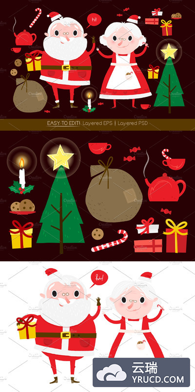 圣诞节素材插画 Santa Claus and Mrs. Santa Claus