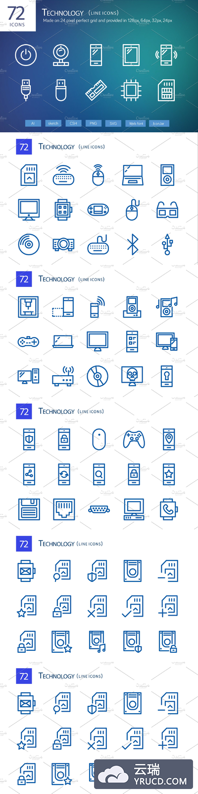 技术矢量图标素材 72 Technology Line Icons