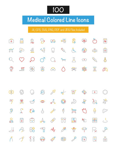 医学彩色线条图标 100 Medical Colored Line Icons