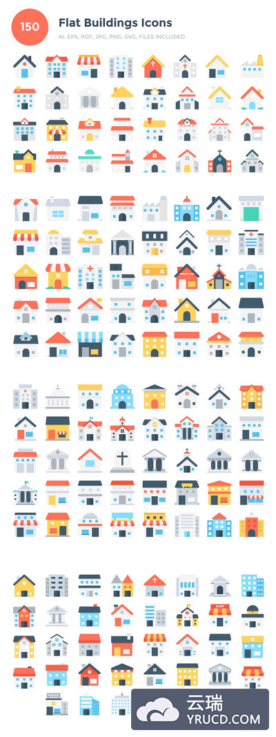 ui建筑图标素材 150 Flat Buildings Icons